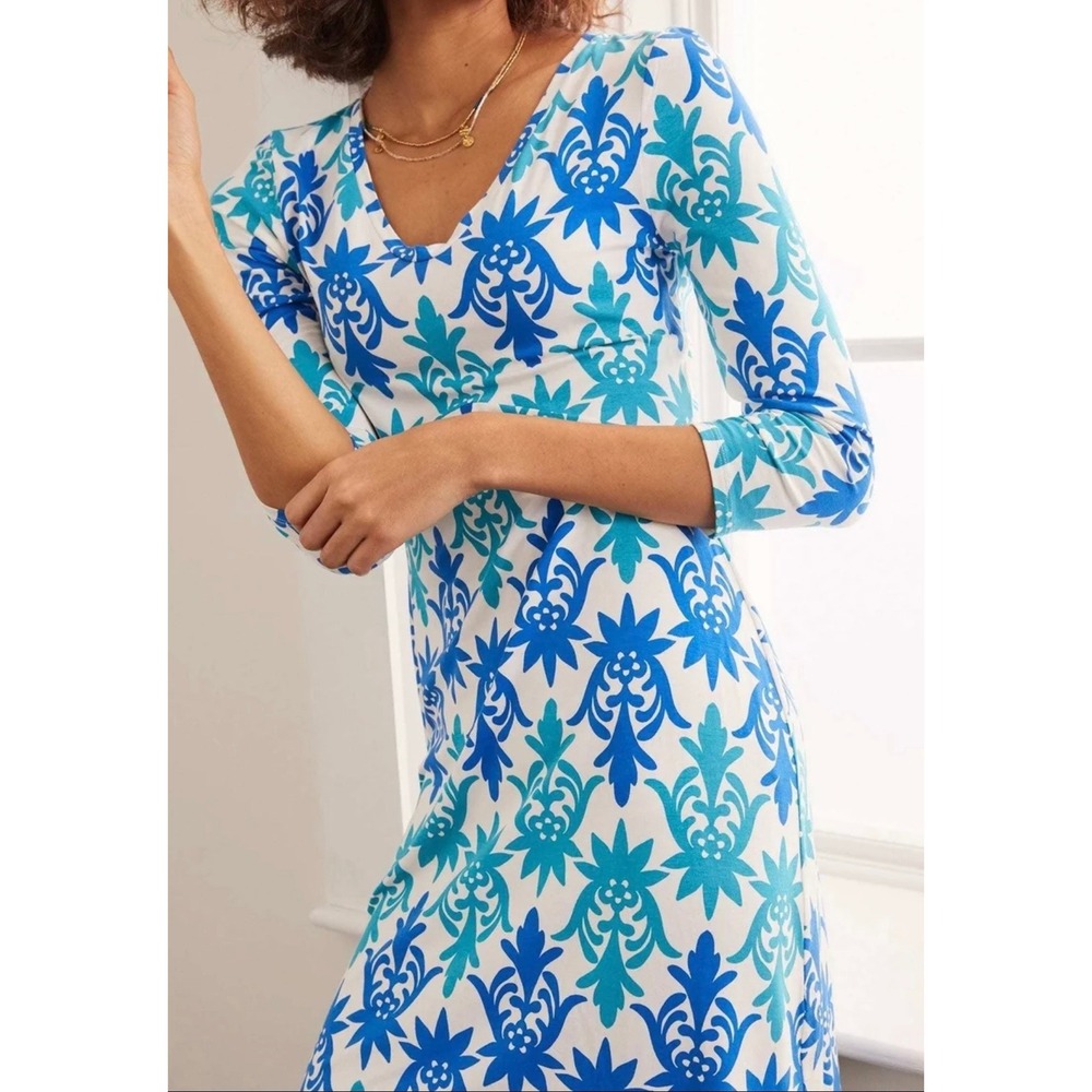 Boden Womens Blue Teal Damask Floral V-Neck 3/4 Sleeve Jersey Shift Dress‎ 10R